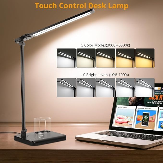 Woputne LED Desk Lamp with Dual Heads – 5 Colour Modes & 10 Brightness Levels, Adjustable Reading Light for Home Office, Bedroom, Study, and Craft (Black, Includes Adapter)