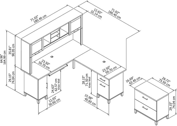 Pemberly Row Contemporary 72W L Shaped Desk with Hutch & File Cabinet, Frosted Glass Doors, Wire Management, Storage Drawers, Ball Bearing Slides, Home Office Furniture Set for Workspace Organization