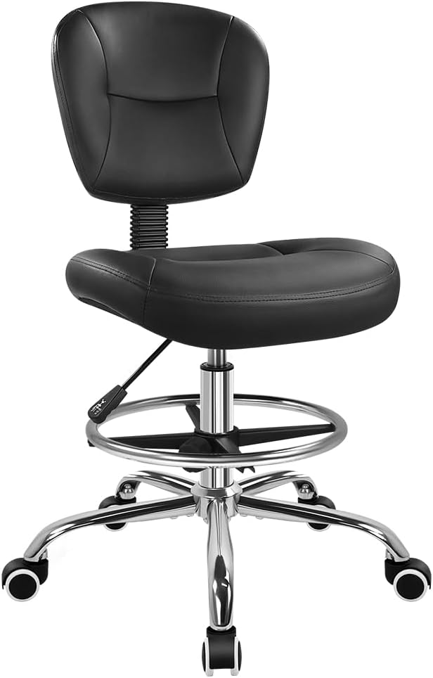 WKWKER Drafting Chair with Back Footrest Adjustable Office Stool Chair 360 Swivel Rolling Stool with Wheels Desk Chair with Backrest for Drafting Office Lab Studio Counter Bedroom Kitchen Shop (Black)