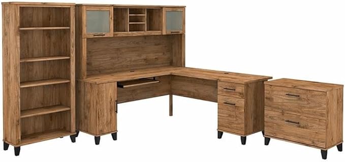 Pemberly Row 72W L Shaped Desk with Hutch, Storage, Lateral File Cabinet, and 5 Shelf Bookcase, Fresh Walnut Finish, Engineered Wood Home Office Furniture Set, Transitional Style