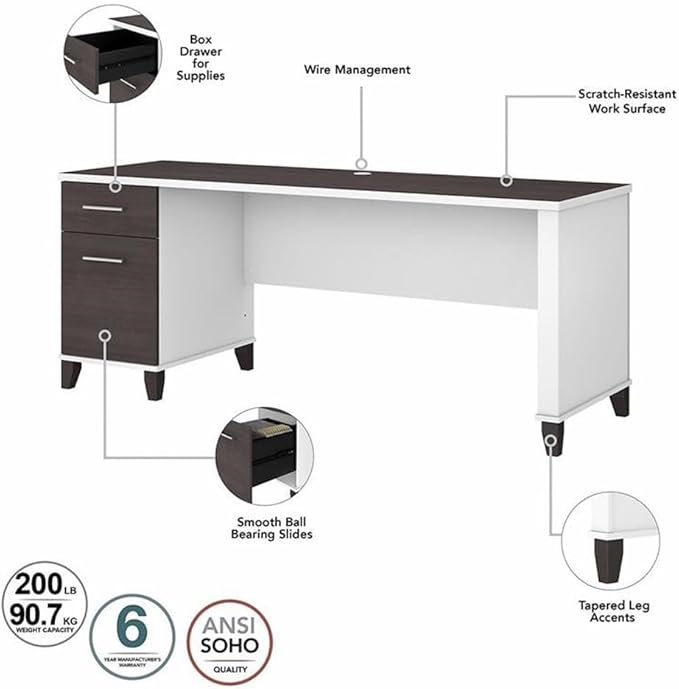 Pemberly Row 72W Desk with Hutch and Bookcase, Engineered Wood, White/Gray Finish, Frosted Glass Doors, Adjustable Shelves, Wire Management, Home Office Furniture Set