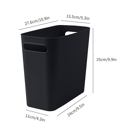 Small Black Trash Can Wastebasket, Plastic Garbage Can Waste Basket for Narrow Spaces Bathrooms Laundry Room Kitchens Offices Kids Rooms, 1.8 Gallon (Black)