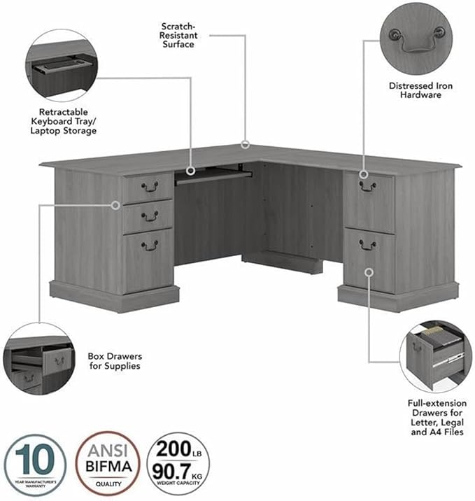 UrbanPro L Shaped Computer Desk Set, Modern Gray Finish, Engineered Wood, Includes File Cabinet, 2 Tall 5 Shelf Bookcases, Scratch-Resistant Surface, Adjustable Shelves, Home Office Furniture