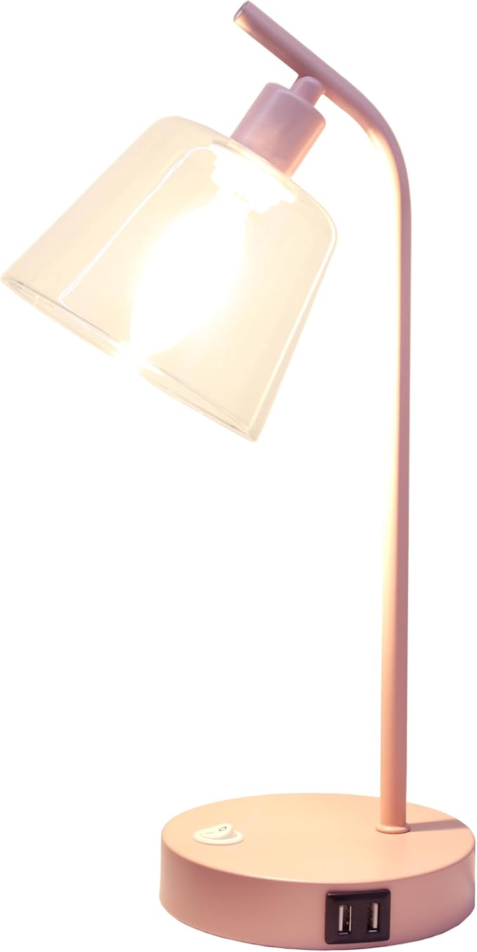 Simple Designs LD1074-BPK 15.75" Sleek Essentials Modern Industrial Netal Desk Lamp with Clear Glass Shade and Dual USB Ports, for Office, Desk, Nightstand, Dorm, Blush Pink