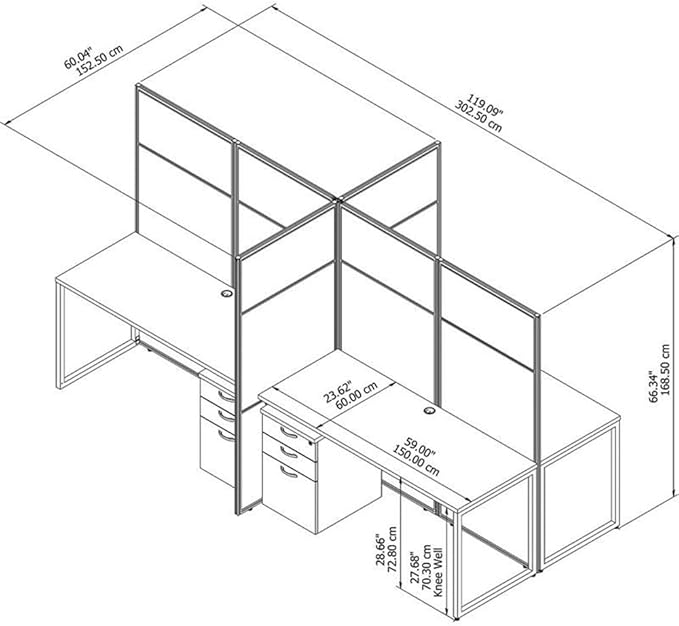 Scranton & Co Office Furniture 4 Person Desk, 60W x 24D with 66H Panels, White Finish, Thermally Fused Laminate Work Surface, File Cabinets, Built-in Wire Management, Private Workspace for Office Use
