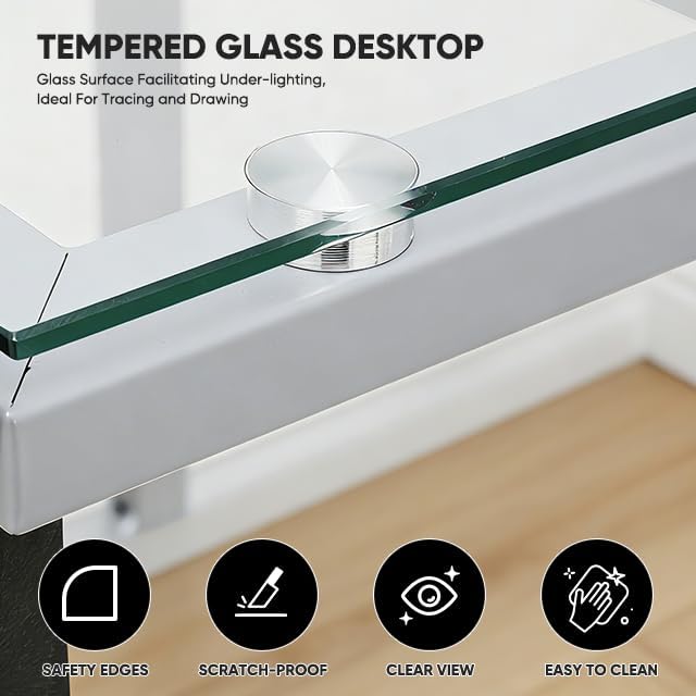 Magshion Professional Drafting Table for Teens w/Stool, Tilting GlassTabletop & Adjustable Height, Art Craft Desk Watercolor Paintings Sketching Work Station for Studio Home Office School (Clear)