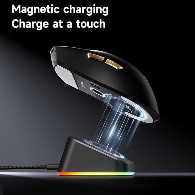 Hyekit MCHOUSE K7 Ultra Wireless Esports Gaming Mouse with Magnetic Charging Dock, PAW3950 Optical Sensor, Dual 8K Polling, 42K DPI, 59g Lightweight, 5 Programmable Buttons, 130 Hr Battery (White)