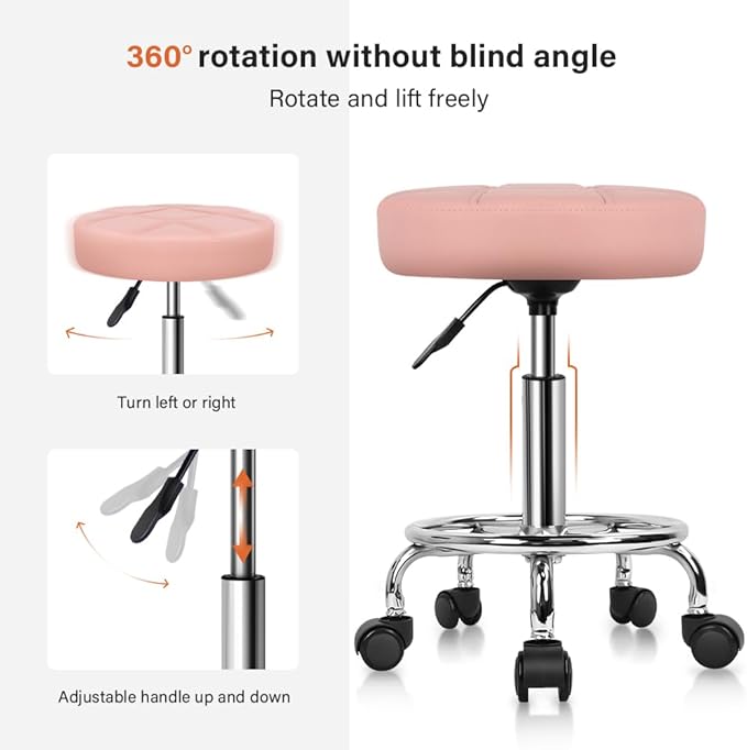KKTONER Round Rolling Stool Chair PU Leather Height Adjustable Swivel Drafting Work SPA Shop Salon Stools with Wheels Office Chair Small (Pink)