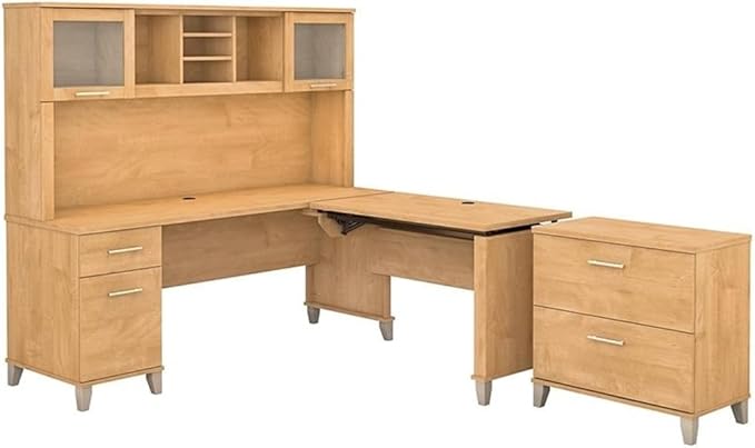 Scranton & Co Furniture Somerset Sit to Stand L Shaped Desk with Hutch & Cabinet, 72W x 42W, Maple Finish, Ergonomic Adjustable Height Office Desk Set with File Storage for Home or Workspace