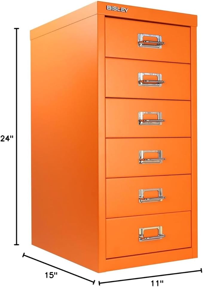 6-Drawer Steel MultiDrawer Cabinet - Bisley Orange, Chrome Pull Handles with Label Holders, Powder-Coated Steel, Removable Drawers, Fits Under Most Desks, Labels Included by Bisley