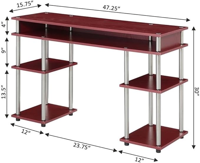 Convenience Concepts Designs2Go No Tools Desk Home Office Desk with Shelves, Corner Shelf Vanity Desk Computer Desk Nail Table for Nail Tech - 47.25" L x 15.75" W x 30" H, Dark Cranberry Red
