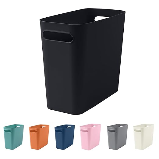 Small Black Trash Can Wastebasket, Plastic Garbage Can Waste Basket for Narrow Spaces Bathrooms Laundry Room Kitchens Offices Kids Rooms, 1.8 Gallon (Black)