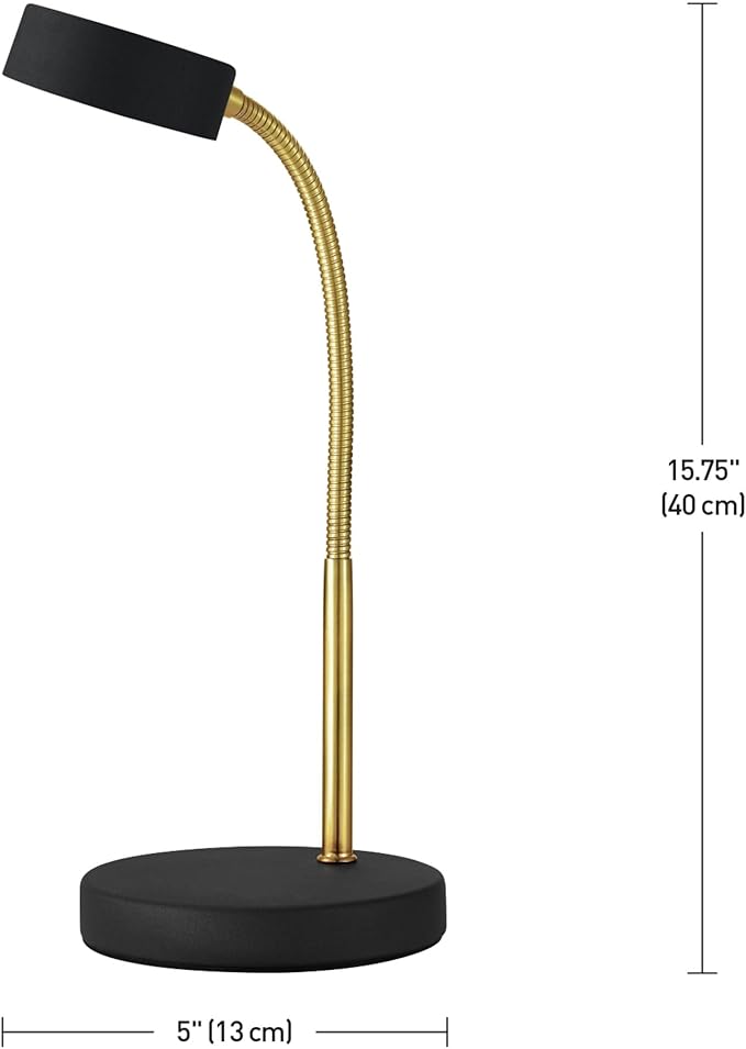 Globe Electric 30061 LED Desk Lamp, Adjustable Matte Gold Gooseneck, Black Finish, 5W Energy Star Integrated LED, 250 Lumens, 3000 Kelvin, 35 000 Hour Lifespan, in-Line On/Off Switch