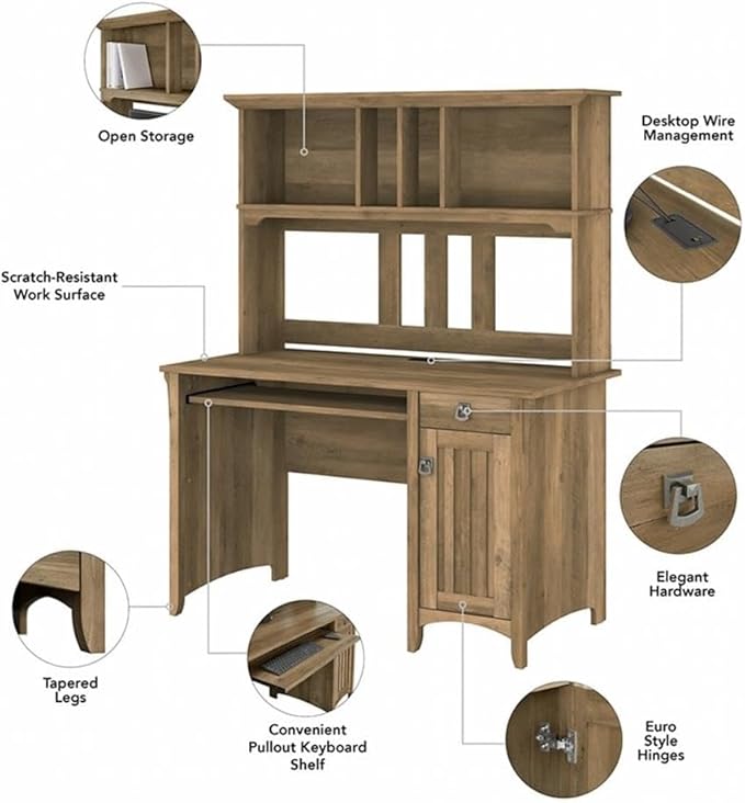 Pemberly Row Office Set, Desk with Hutch, Storage Cabinet & 5-Shelf Bookcase, Engineered Wood, Reclaimed Pine Finish, Compact Workspace Furniture for Home Office