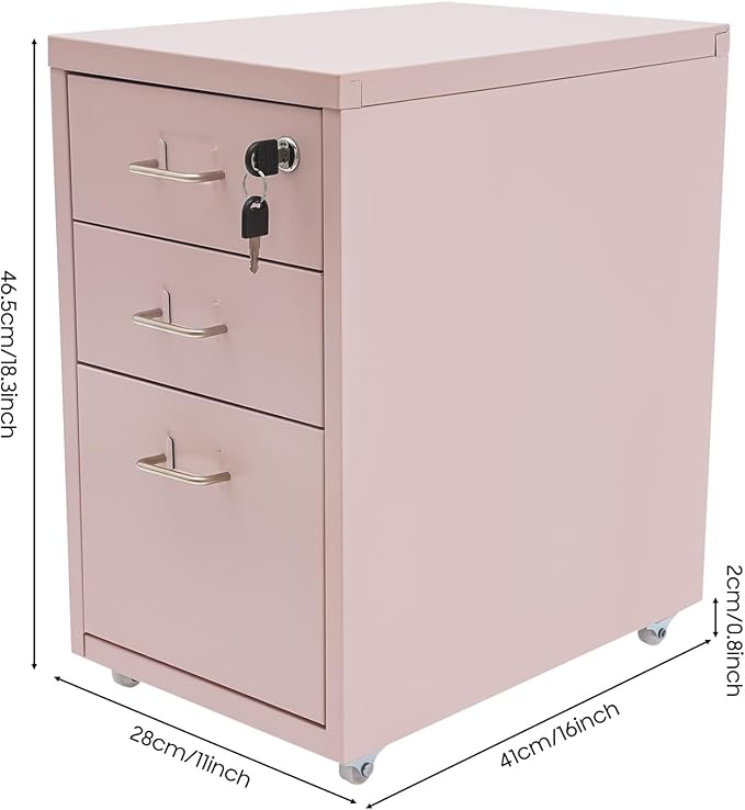 Vertical File Cabinet, 3-Drawer Metal Mobile File Cabinet with Lock, 11 * 16 * 18.3In Filing Cabinet Under Desk with Tag Jacks for Home Office (Pink)