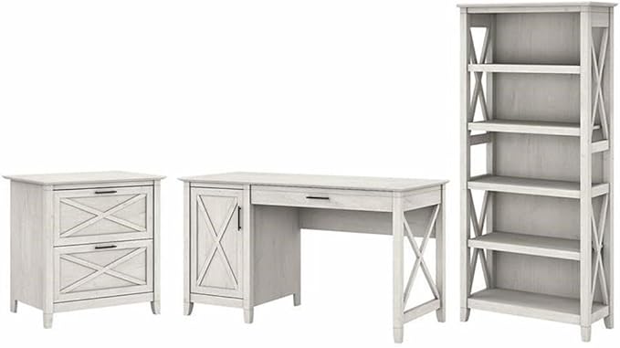 Bush Furniture Key West 54W Computer Desk with 2 Drawer Lateral File Cabinet and 5 Shelf Bookcase in Linen White Oak