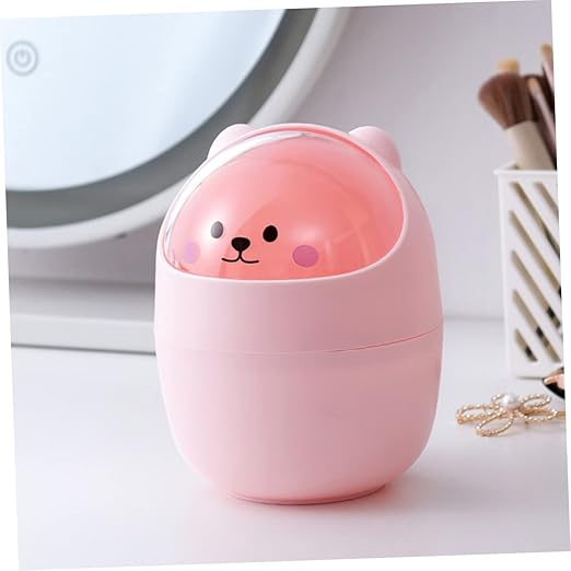Cute Bear Mini Desktop Trash Can Lid Slim Plastic Trash Bin for Home Office Cartoon Garbage Container for Bedroom and Desk