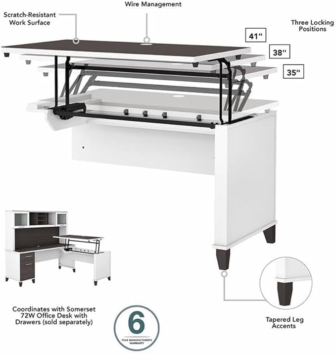 Pemberly Row Sit to Stand L Desk Set, 72W Engineered Wood Desk with Hutch, 5 Shelf Bookcase, White/Gray Finish, Adjustable Height Office Furniture for Ergonomic Workspaces