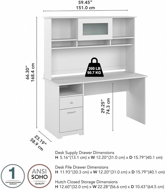 Bush Furniture Cabot 60W Single Pedestal Desk and Hutch, White