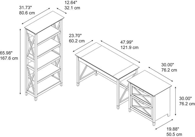 Bush Furniture Key West 48W Writing Desk with 2 Drawer Lateral File Cabinet and 5 Shelf Bookcase in Pure White Oak