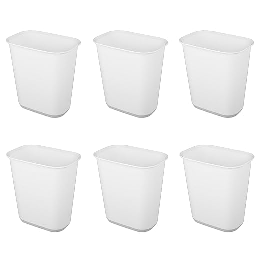 Sterilite 5.5 Gallon Rectangular Wastebasket Easy to Clean Open Top Durable Home Kitchen Trash Bin, Fits 8 Gallon Liner, 6 Pack, White
