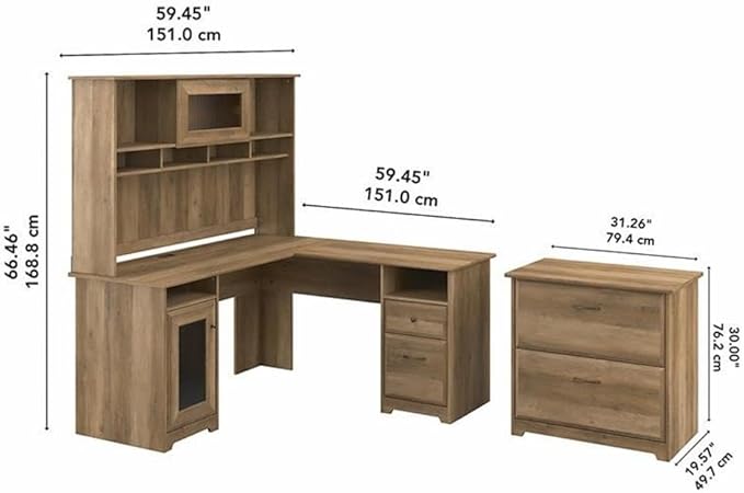 Scranton & Co Furniture Cabot L Computer Desk Set, Reclaimed Pine Finish, 60W L Shaped Desk with Hutch and 2 Drawer File Cabinet, Fluted Glass Doors, USB Hub, Home Office Storage Solution