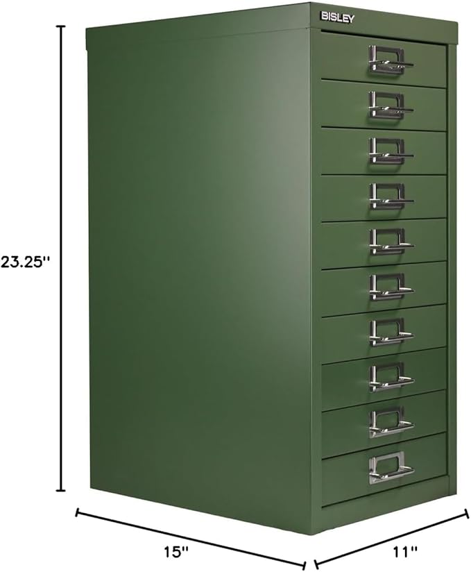 Bisley 10-Drawer Steel MultiDrawer Cabinet - Olive Green, Chrome Pull Handles with Label Holders, Powder-Coated Steel, Removable Drawers, Fits Under Most Desks, Labels Included