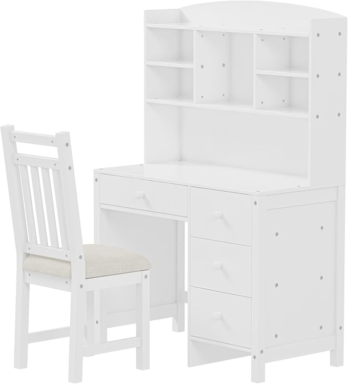 Vintage 40'' Home Executive Desk and Upholstered Chair Set with Bookshelf(White)