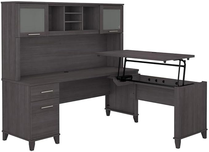 Pemberly Row 72W Sit to Stand L Shaped Desk with Hutch, Storm Gray Engineered Wood, Adjustable Heights 35-41 Inches, Frosted Glass Doors, Storage Shelves, Ergonomic Office Desk for Home or Workspace