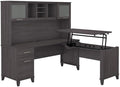 Pemberly Row 72W Sit to Stand L Shaped Desk with Hutch, Storm Gray Engineered Wood, Adjustable Heights 35-41 Inches, Frosted Glass Doors, Storage Shelves, Ergonomic Office Desk for Home or Workspace