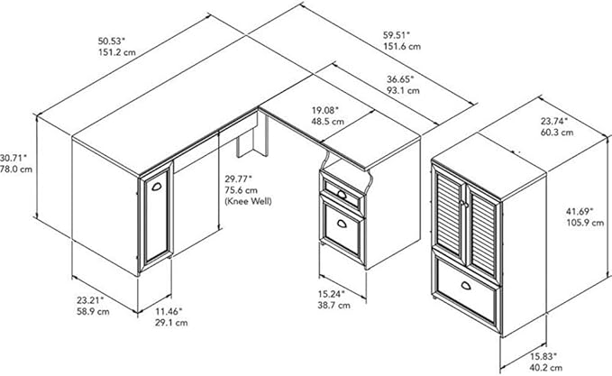 Bush Furniture Fairview 60W L Shaped Desk and 2 Door Storage Cabinet with File Drawer in Antique White and Tea Maple