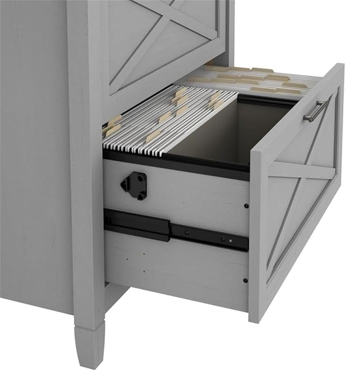 Pemberly Row 60W L Shaped Desk with Lateral File Cabinet, Engineered Wood, Cape Cod Gray Finish, 2 Drawers, Farmhouse Style Home Office Workstation with Storage