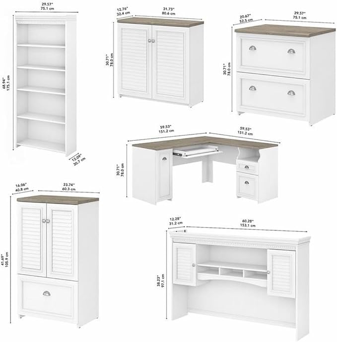 Pemberly Row L Shaped Desk 6 Pc Office Set, Pure White and Gray Finish, Engineered Wood, Includes Hutch, Bookcase, Filing Cabinets, Storage Cabinets, 60W Work Surface, Modern Farmhouse Home Office