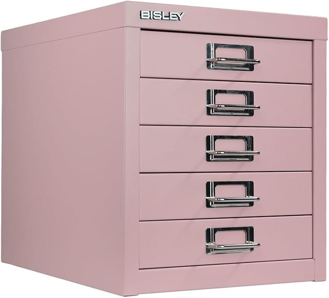 Bisley 5-Drawer Steel MultiDrawer Cabinet - Palest Pink, Chrome Pull Handles with Label Holders, Powder-Coated Steel, Removable Drawers, Desktop Storage, Labels Included