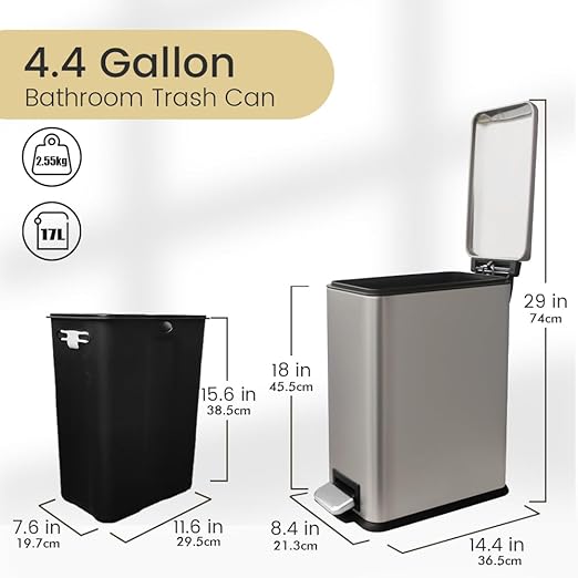 Bathroom Trash Can with Lid, 16.7L/ 4.4 Gallon Rectangular Slim Trash Can with Removable Inner Bucket, Soft Close lid, Stainless Steel Step Pedal Garbage Can for Bathroom, Kitchen, Home Office, Grey