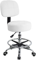 KKTONER Swivel Round Rolling Stool PU Leather with Adjustable Foot Rest Height Adjustable Task Work Drafting Chair with Back(White)