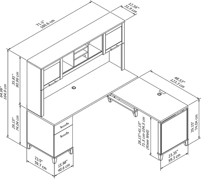 Pemberly Row 72W L Shaped Sit to Stand Desk with Hutch, 3 Position Lift-n-Lock System, 42W Return, Frosted Glass Doors, Adjustable Shelves, File Drawer, Ergonomic Office Desk for Home or Workspace