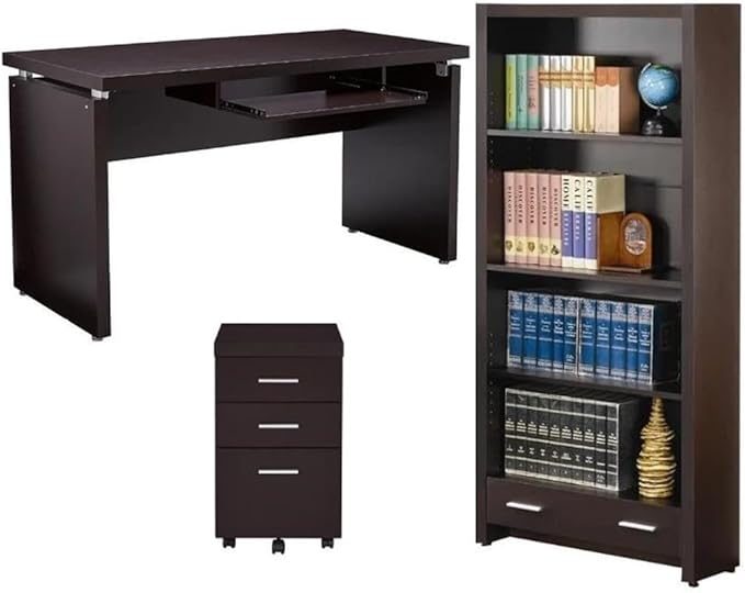 Home Square 3 Piece Set with Desk Mobile File Cabinet and Bookcase in Cappuccino