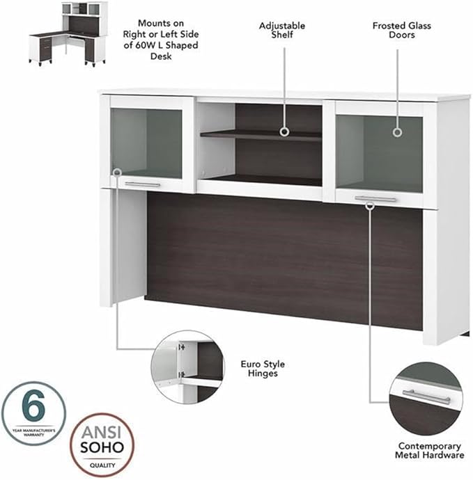 Pemberly Row 60W L Shaped Desk with Hutch and 5 Shelf Bookcase, Engineered Wood Construction, Gray Finish, Wire Management, Frosted Glass Doors, Home Office Furniture Set for Small Office Use