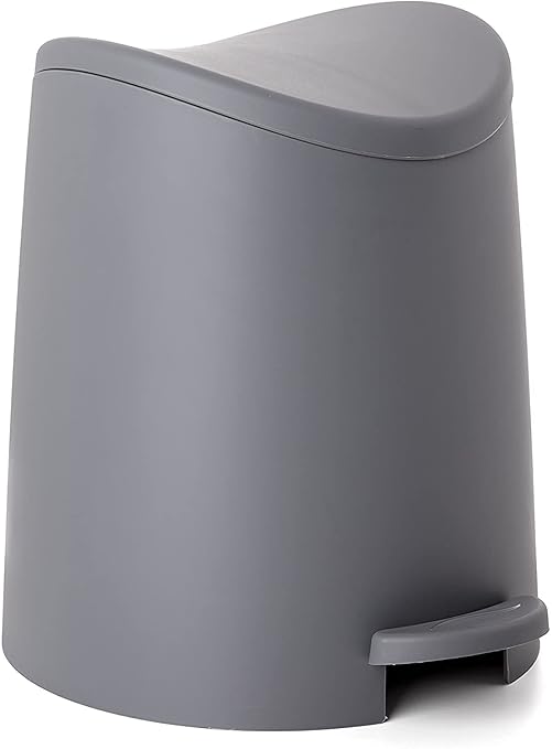 Superio Mini Plastic Bathroom Trash Can with Lid 3 Liter Grey Modern Curved Step On Trash Can with Foot Pedal, Mini Kitchen Waste Bin, Durable and Soft Close for Bedroom, Office, Under Desk