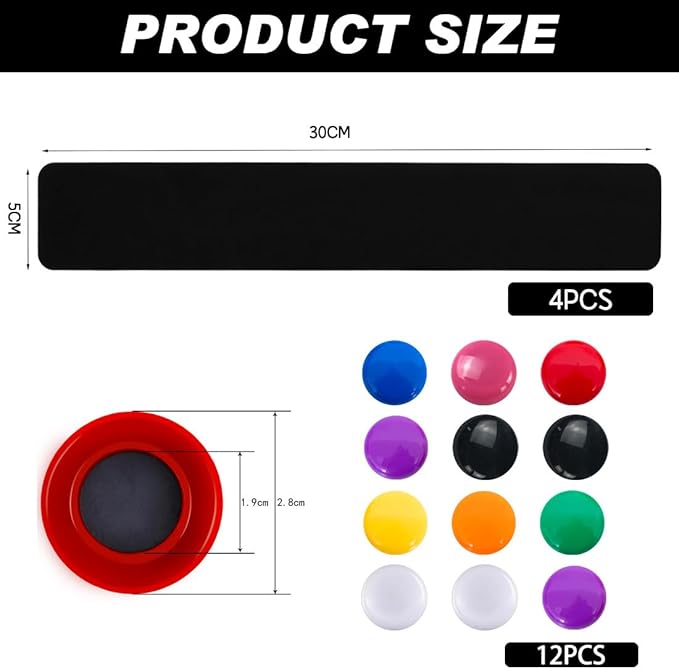 Metal Magnetic Strips with Adhesive Backing Memo Strip Black Magnet Bulletin Board with 12 Colorful Magnet for Wall Kitchen Office (4 Pcs, 2 x 12 Inch)