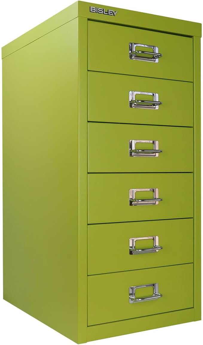 6-Drawer Steel MultiDrawer Cabinet - Bisley Green, Chrome Pull Handles with Label Holders, Powder-Coated Steel, Removable Drawers, Fits Under Most Desks, Labels Included by Bisley