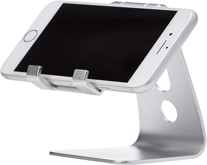 Amazon Basics Adjustable Aluminum Phone Stand for Cell Phones, iPhone and Android, Desktop Phone Holder with Adjustable Angle, Hands-Free Viewing, 3.15 x 2.87 x 3.74 inch, Silver