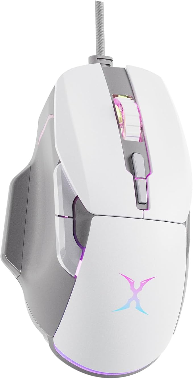 FOXXRAY BM-88 RGB Gaming Mouse, 7200 DPI, Musicsync Backlit, Wired Optical Mouse with 7 Programmable Buttons, 13 Lighting Effects, Braided Cable, Gaming Mouse for PC/Laptop - White