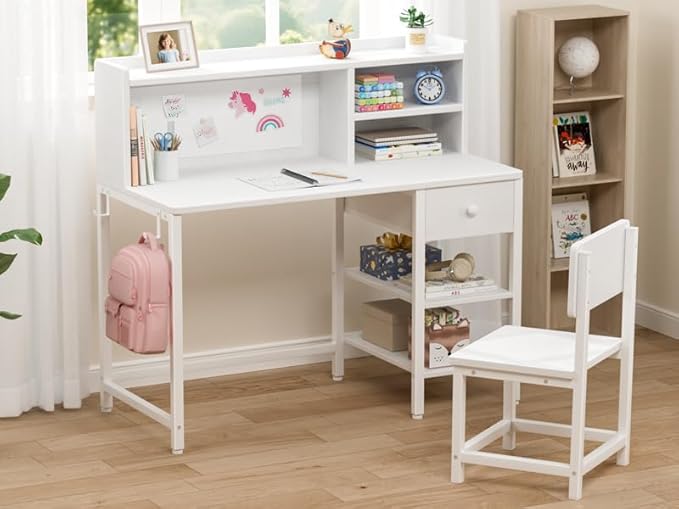 BOLUO White Kids Desk and Chair Set for 6-12 Year Old, Children Study Desk with Hutch and Storage Shelf, Student Writing Table with Fabric Drawer for Girls Boys
