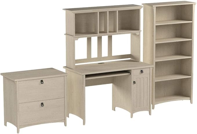 Bush Home Salinas Mission Desk with Hutch, Lateral File Cabinet and 5 Shelf Bookcase in Antique White
