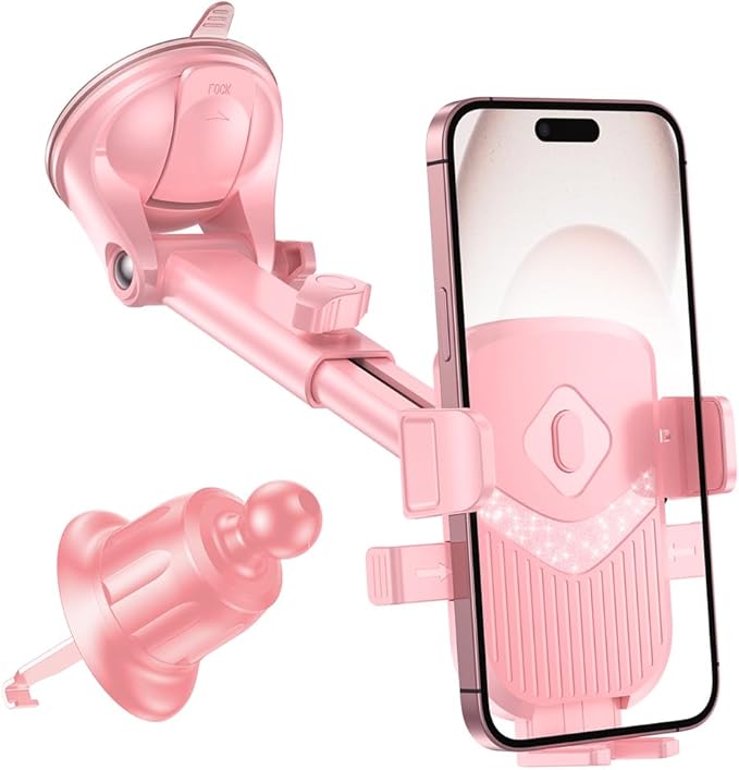 Car Phone Holder, 360° Adjustable Strongest Suction Vehicle Dashboard Windshield Cell Phone Stand with Hook Clip, Automotive Air Vent Smartphones Mount, Universal Fit (Pink)
