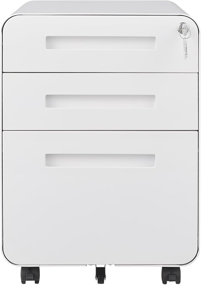 Garvee 3 Drawer File Cabinet with Lock, Under Desk Mobile Metal Filing Cabinet for Home Office, 5 Wheel Anti-Tilt Rolling File Cabinets for A4/Letter/Legal Size, Fully Assembled