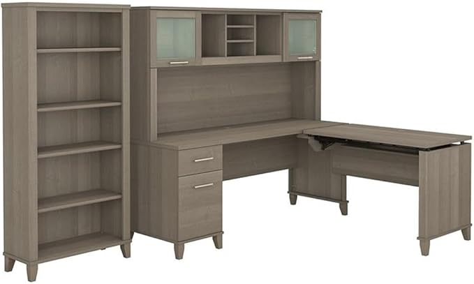 Scranton & Co Somerset 72W Sit Stand L-Shaped Desk, Hutch, 5-Shelf Bookcase, Adjustable Heights 37/40/43 in, Frosted Glass Storage, Ergonomic Office Furniture Set for Home or Commercial Use