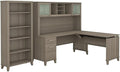 Scranton & Co Somerset 72W Sit Stand L-Shaped Desk, Hutch, 5-Shelf Bookcase, Adjustable Heights 37/40/43 in, Frosted Glass Storage, Ergonomic Office Furniture Set for Home or Commercial Use